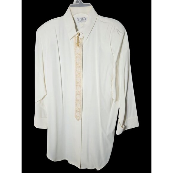Vintage T & F White Button-Down Shirt With Ornate Gold Embroidery & Tassel Accen - Picture 1 of 6